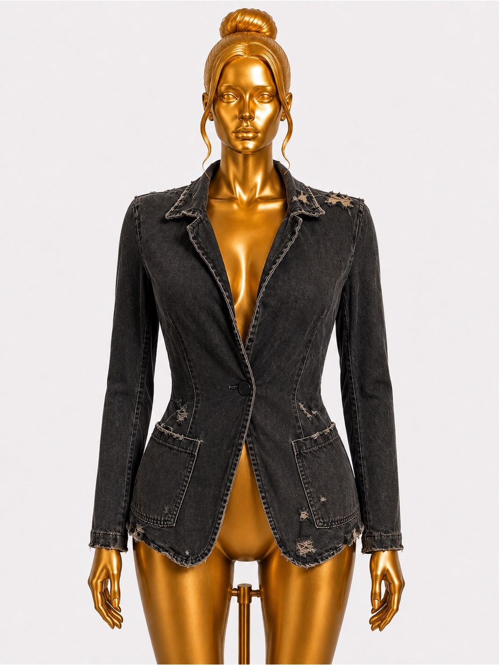 Fashion Nova Black Distressed Denim Blazer Jacket Single Button Size Small